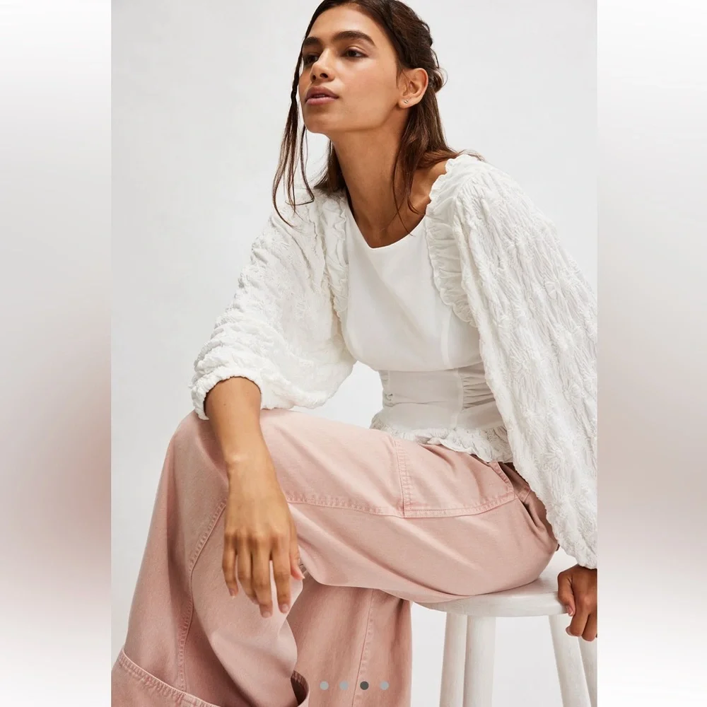Free People Olivia Contrast Stitch Knit Top White Boho Blouse XS